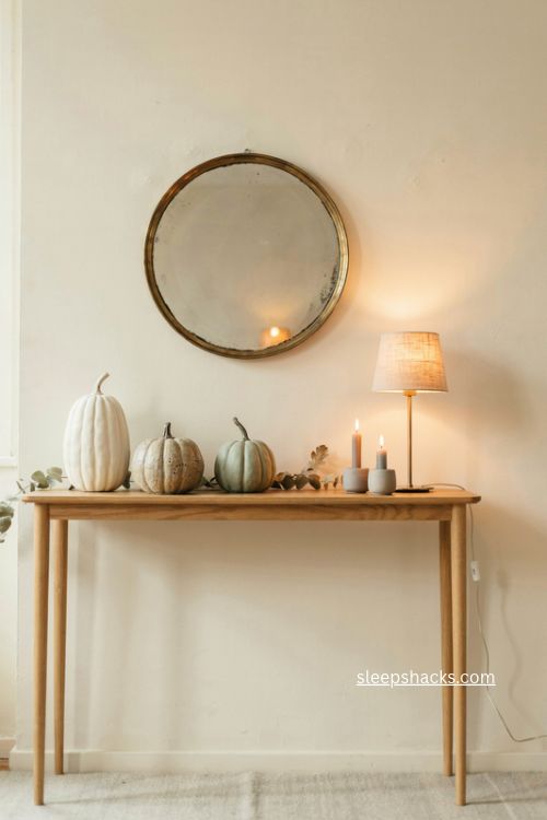 Modern fall living room console table with ceramic pumpkins greenery and round mirror 
