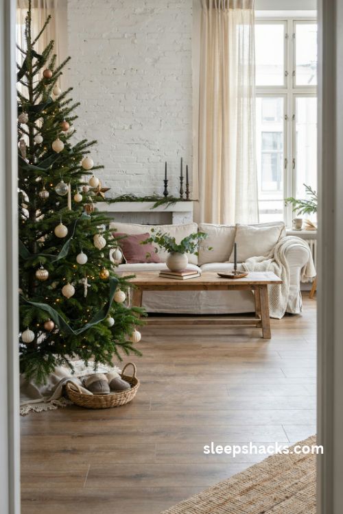 Modern farmhouse Christmas decor with cream white green and warm wood neutral palette
