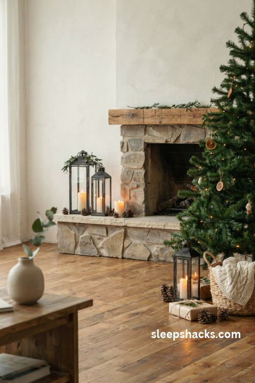 Modern farmhouse Christmas decor with matte black lanterns and warm glowing candles