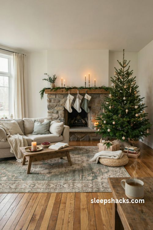 Modern farmhouse Christmas decor with neutral colors and natural rustic textures
