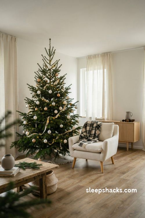 Modern farmhouse Christmas living room with subtle black and cream plaid accents