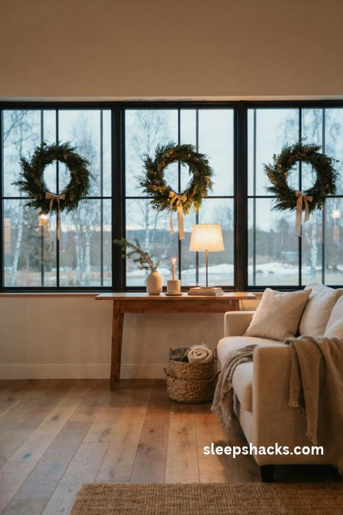 Modern farmhouse Christmas wreaths on black windowpane frames with natural linen ribbons