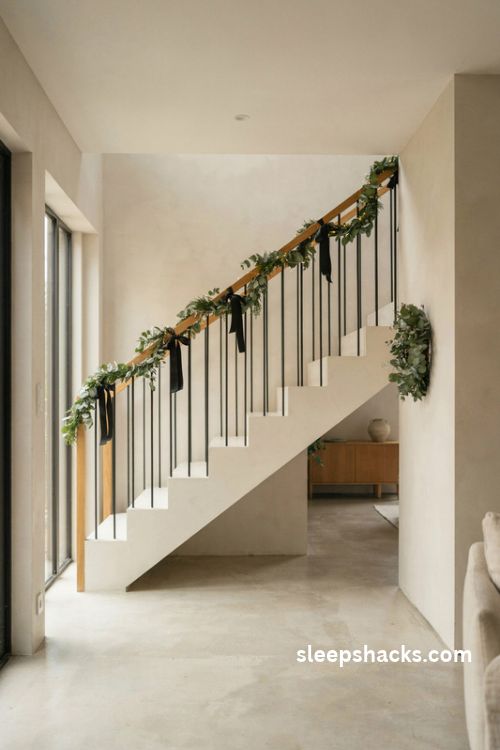 Modern minimalist Christmas staircase with slim eucalyptus garland black ribbon and natural oak railing