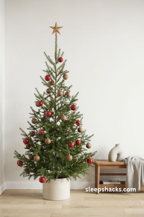 Modern minimalist Christmas tree with red glass spheres walnut wood ornaments and a pale gray wall
