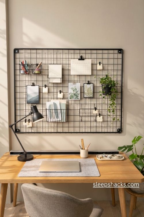 Modern office decor with a black metal wall grid organizer above a tidy desk