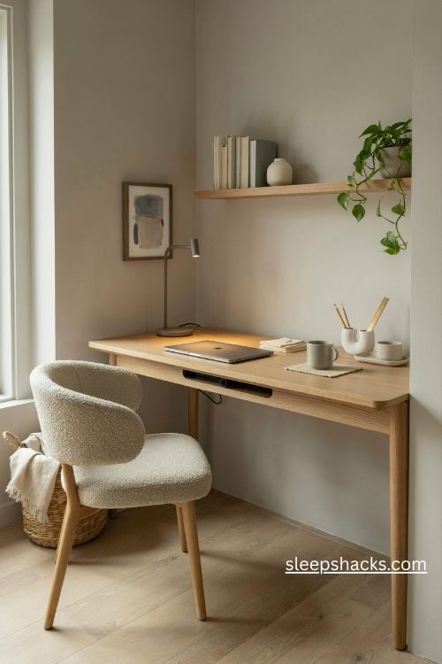Modern office decor with a clean desk, warm wood accents and calming minimalist organization