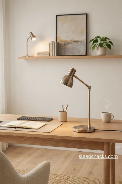 Modern office decor with a sculptural brass task lamp and warm layered lighting