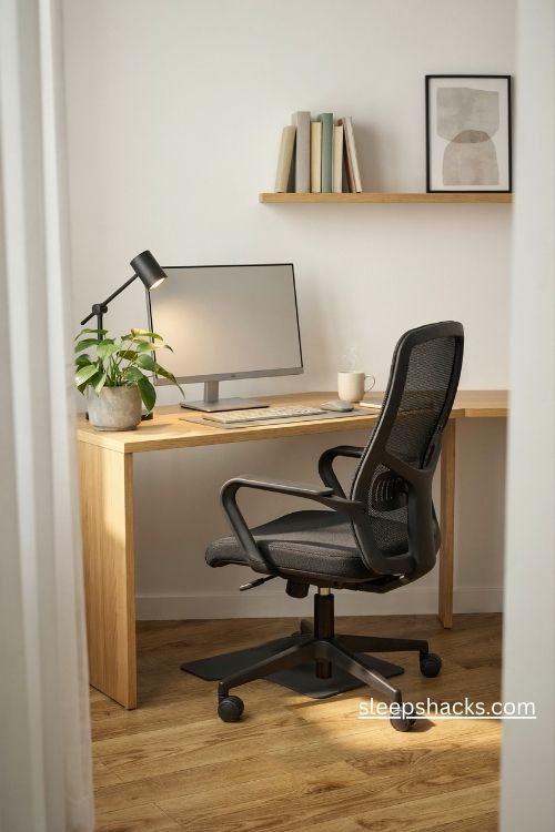 Modern office decor with a sleek ergonomic mesh chair and light oak desk