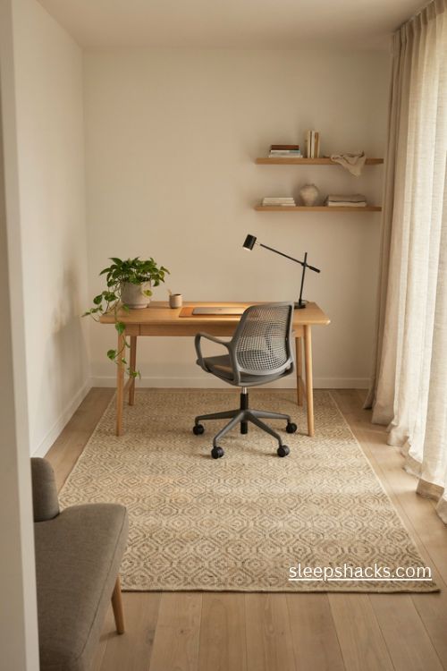 Modern office decor with a textured neutral area rug and cozy workspace