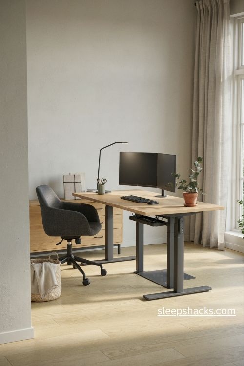 Modern office decor with an adjustable standing desk and ergonomic workspace