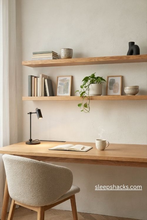 Modern office decor with floating wood shelves above a clean organized desk