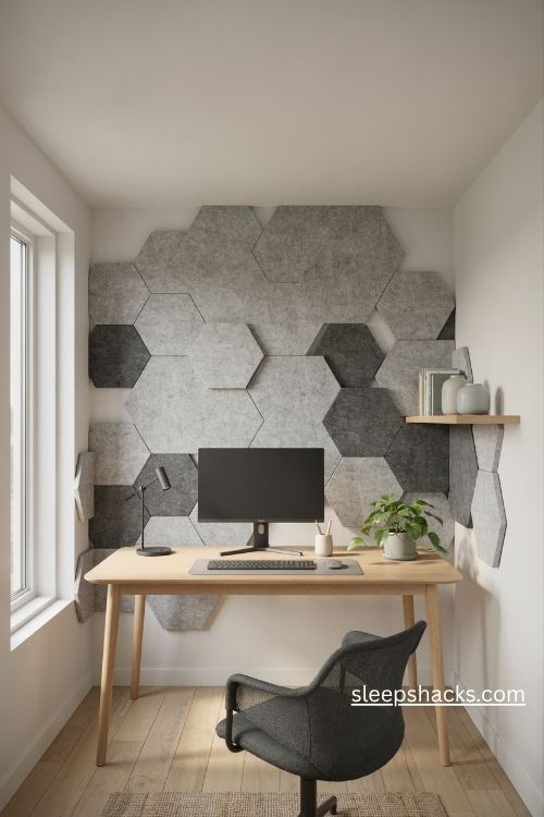 Modern office decor with geometric felt acoustic wall panels in soft neutral colors