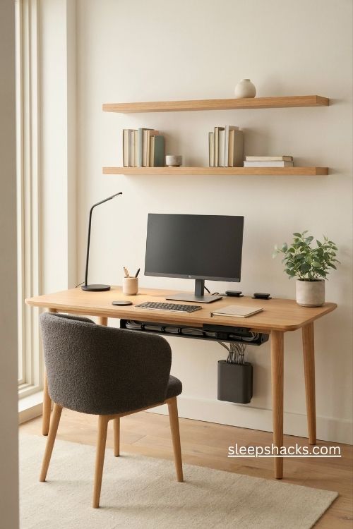 Modern office decor with hidden cable management and a clutter free desk
