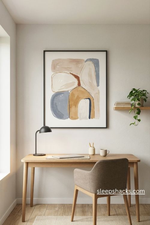 Modern office decor with large abstract wall art above a light oak desk