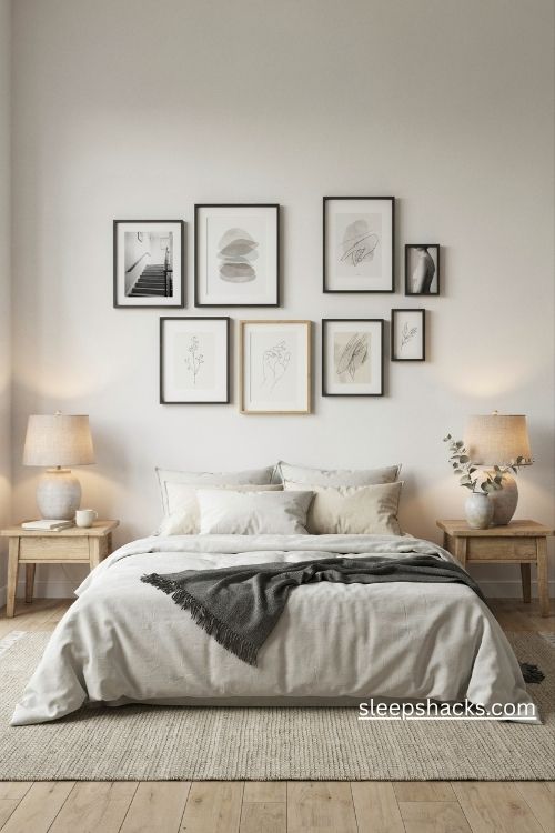 Monochrome gallery wall above the bed in a cozy grey and white bedroom