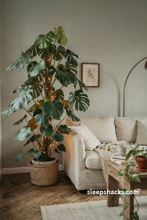 Monstera plant wrapped in warm white fairy lights in a cozy small apartment living room