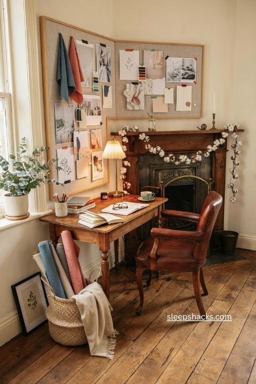 Moodboard wall with creative inspiration and cozy home office decor
