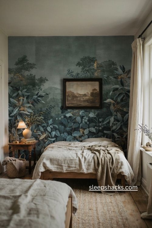 Moody bedroom ideas with dark botanical wallpaper faded mural and brass accents