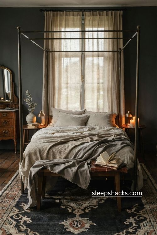 Moody bedroom ideas with dark canopy bed sheer curtains and warm candlelight 