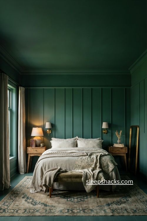 Moody bedroom ideas with dark walls paneled bed wall and warm bedside sconces