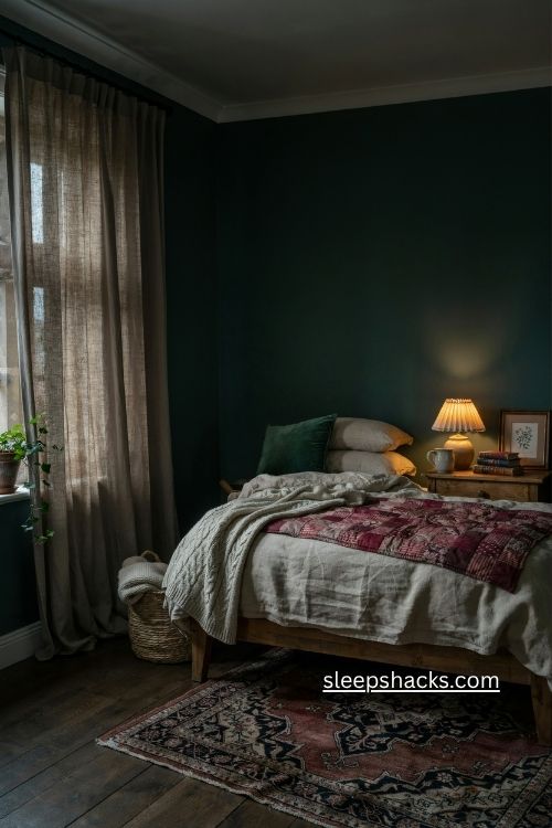 Moody bedroom ideas with dark walls soft layered bedding and cozy low lighting
