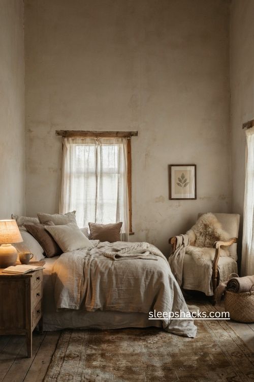 Moody bedroom ideas with plush rugs faux fur and chunky knit blankets 