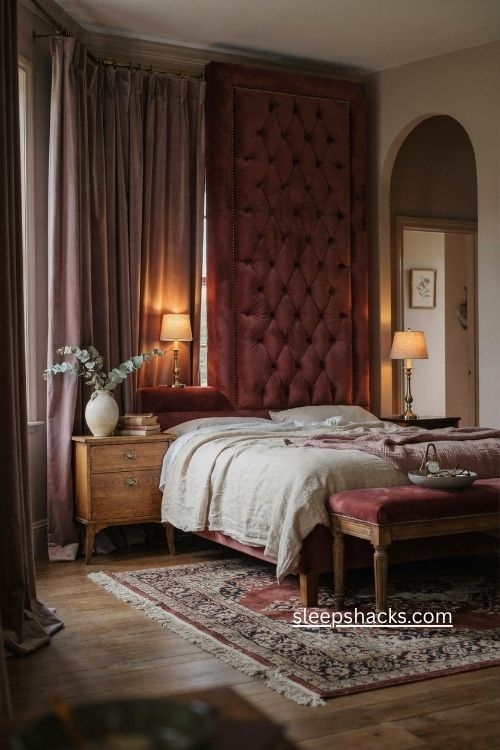 Moody bedroom ideas with velvet headboard bench curtains and romantic luxury