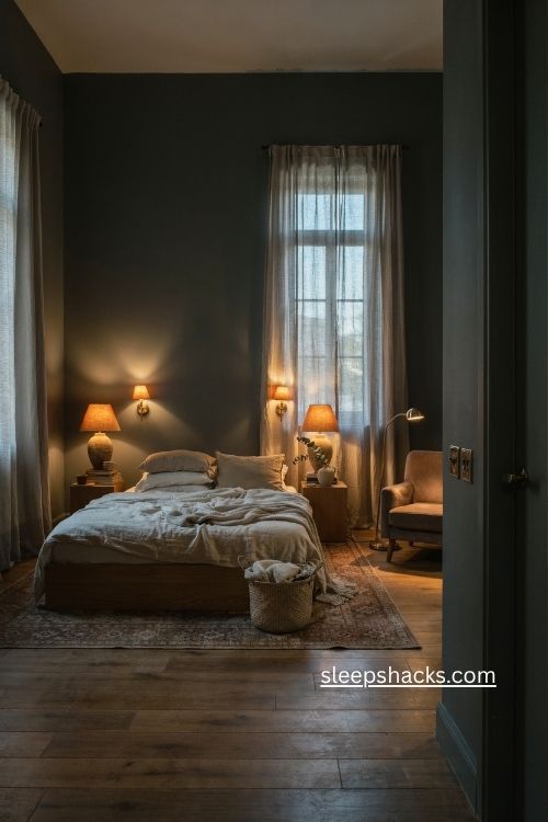 Moody bedroom ideas with warm lamps dim lighting and cozy layered illumination
