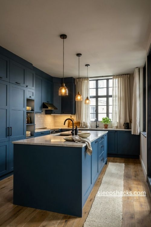 Moody blue kitchen cabinets with matte black accents and warm lighting