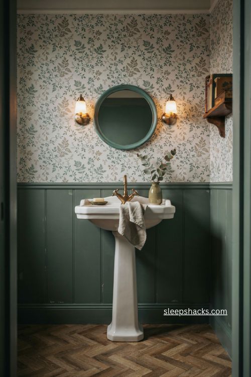 Moody botanical green powder room with forest paneling leafy wallpaper and brass