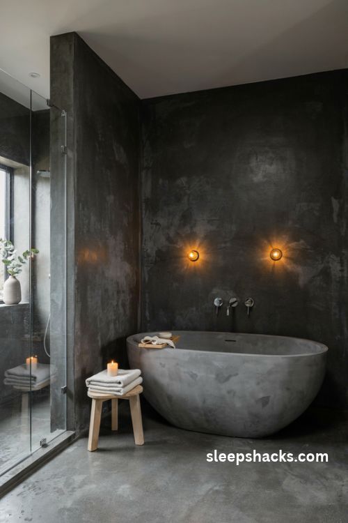 Moody charcoal microcement bathroom with a freestanding tub and warm evening lighting