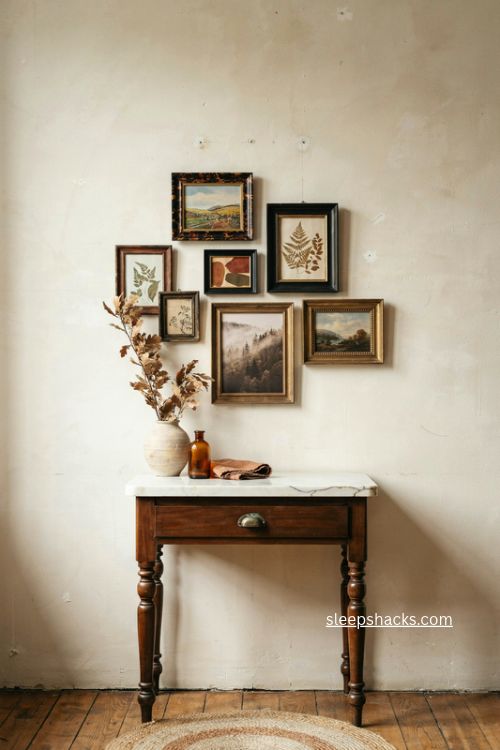 Moody fall bathroom wall art with vintage frames and earthy tones 