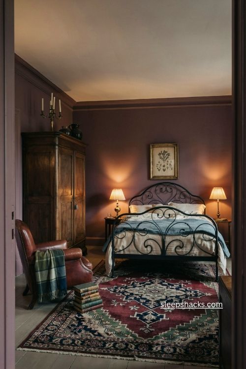 Moody plum vintage bedroom with dark wood furniture black bed and warm lamplight