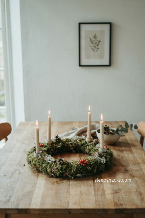Moss covered straw christmas advent wreath with candles and natural woodland details