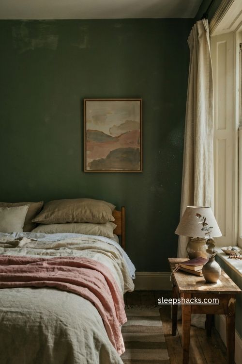 Moss green bedroom colour ideas with cozy vintage layers and warm natural textures