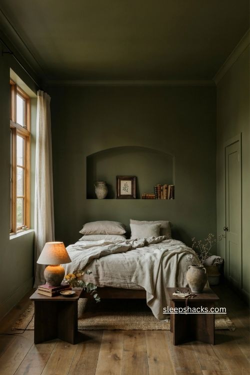 Mossy green bedroom colour ideas with deep olive walls oatmeal linen and forest retreat warmth 