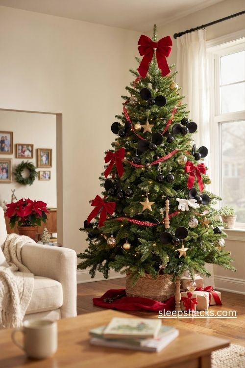 Mouse ears christmas tree with red bows black ornaments and yellow stars