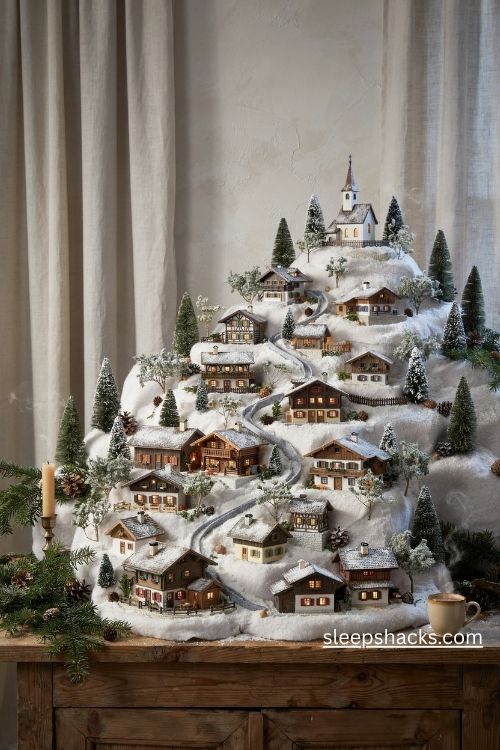 Multi level Christmas village climbing a snowy hillside with miniature houses and a hilltop church