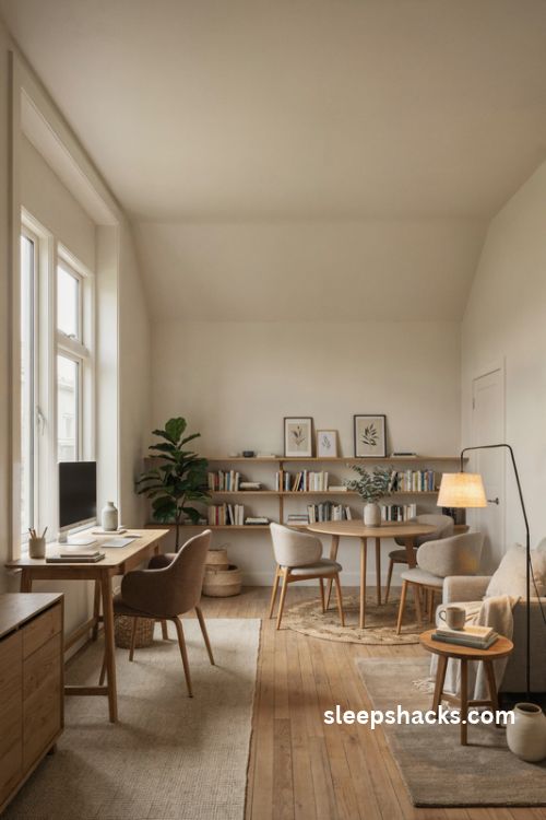 Multi zone home office layout with a window desk meeting table and cozy reading corner