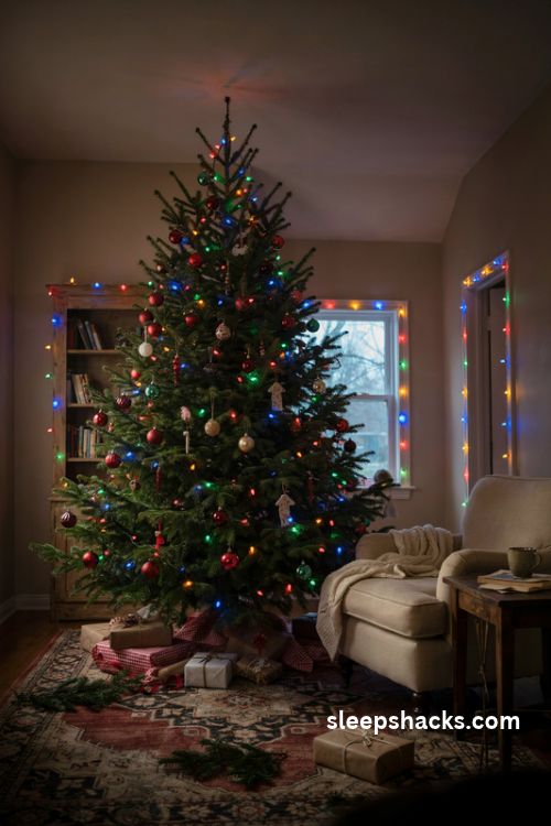Multicolor christmas string lights glowing on a nostalgic evergreen tree and bookshelf