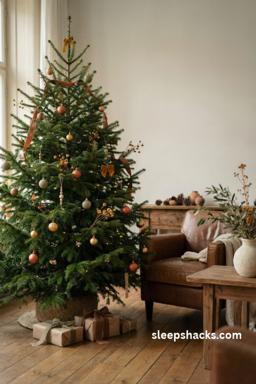 Mustard yellow Christmas tree accents with olive green ornaments and earthy rustic decor