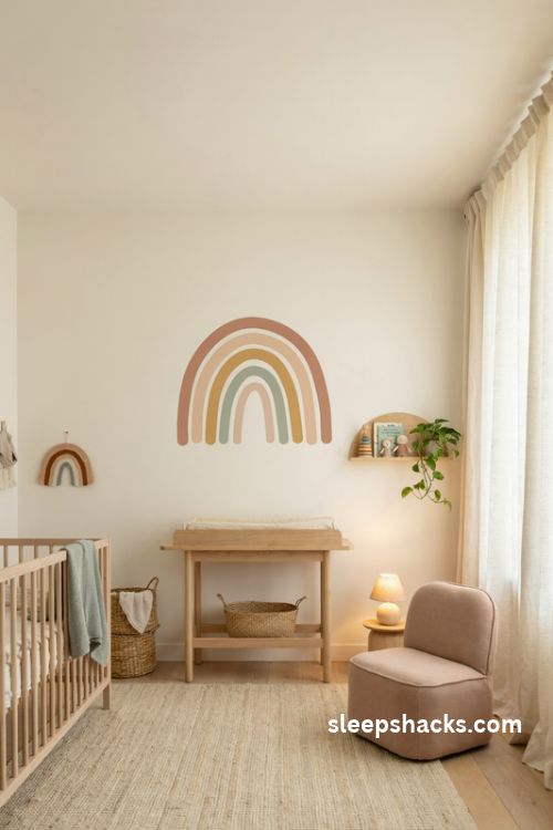 Muted rainbow nursery corner with terracotta sage and blush arches