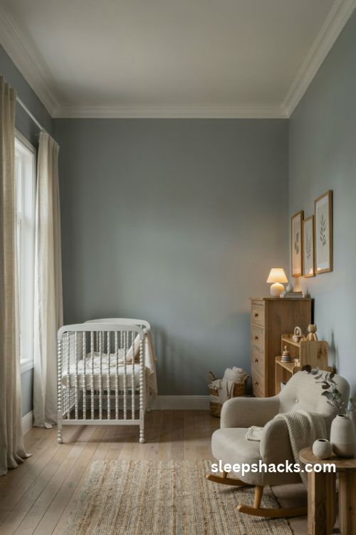 Muted sage green nursery walls with a white crib and warm natural wood accents