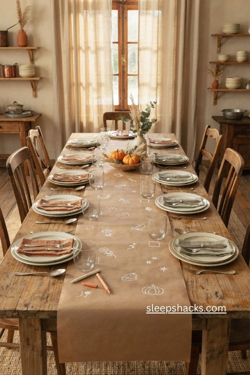 Name and doodle Thanksgiving table with butcher paper and cozy place settings