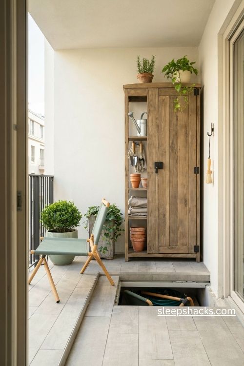 Narrow outdoor cabinet ideas for small balcony storage with weatherproof doors and plants 
