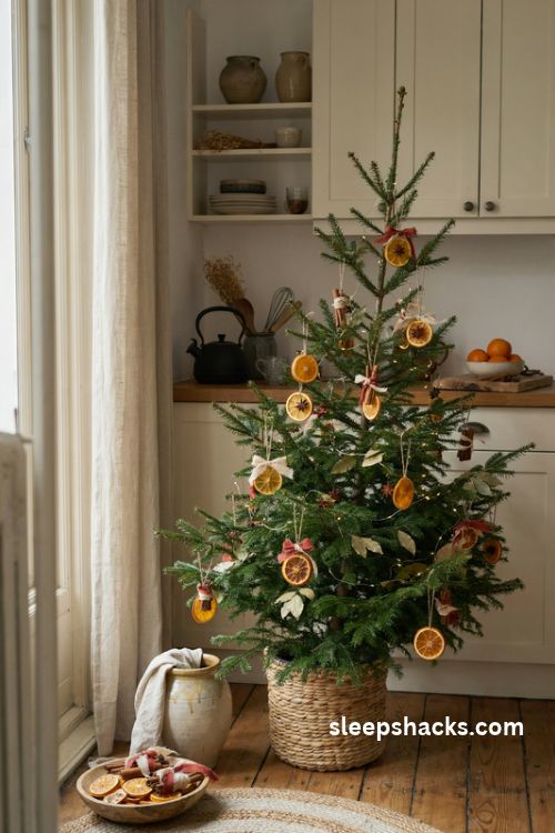 Natural Christmas tree with dried orange slices and cinnamon ornaments in a cozy farmhouse kitchen