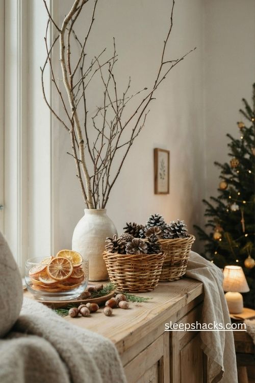 Natural christmas decor with pinecones birch branches dried orange slices and rustic woodland accents