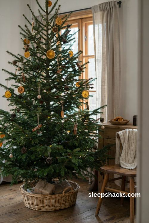 Natural christmas tree with dried orange slice ornaments cinnamon sticks and warm white lights