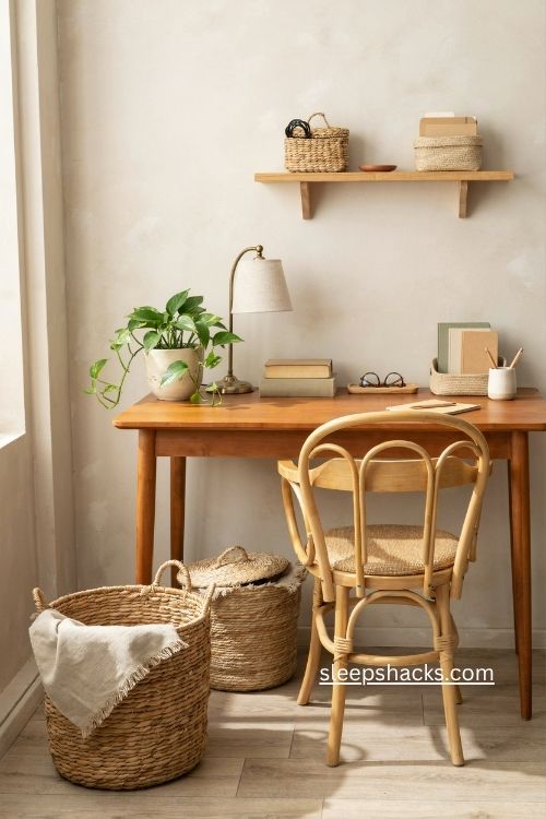 Natural fiber basket boho office decor for stylish organized storage 