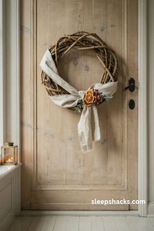 Natural linen sash woven through a grapevine Christmas wreath with dried orange slices and cranberry accents